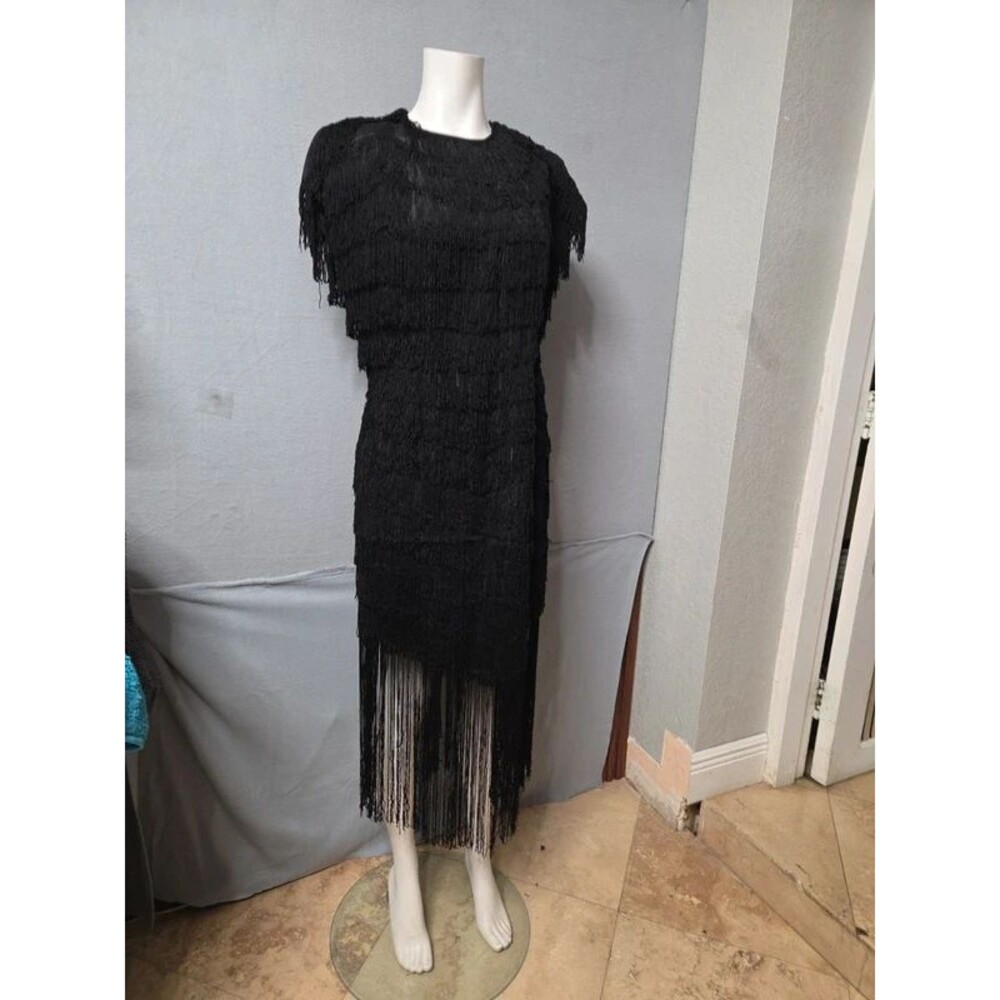 VTG 80s TD4 by Eletra Black Layered Fringe Flapper Cocktail Dress Size 13/14 M/L